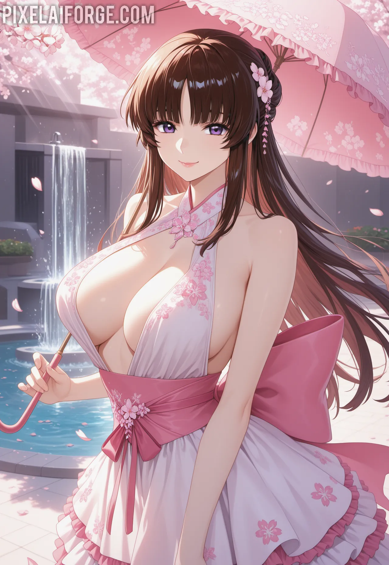 Guapa chica anime en jardín de flores de cerezo: la escena perfecta de belleza y calma
