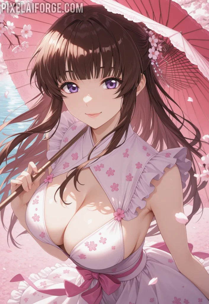 Guapa chica anime en jardín de flores de cerezo: la escena perfecta de belleza y calma
