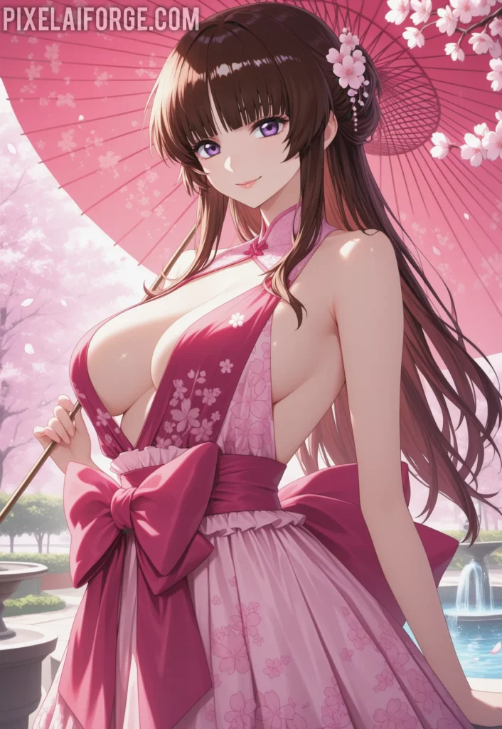 Guapa chica anime en jardín de flores de cerezo: la escena perfecta de belleza y calma