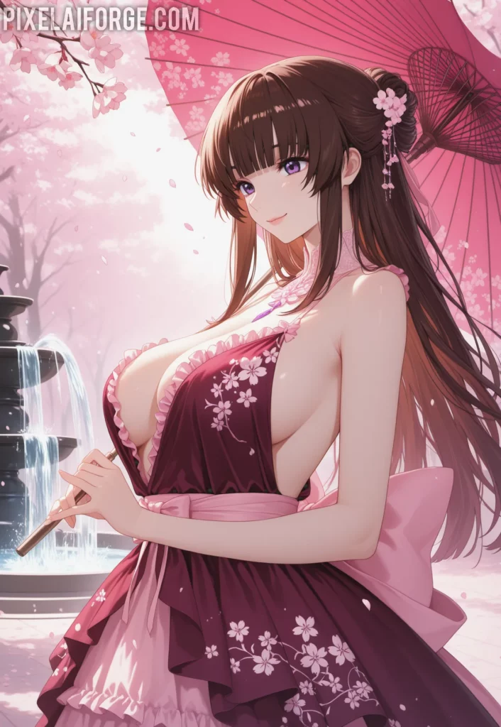 Guapa chica anime en jardín de flores de cerezo: la escena perfecta de belleza y calma