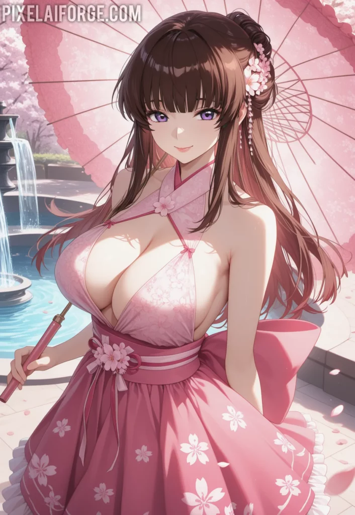Guapa chica anime en jardín de flores de cerezo: la escena perfecta de belleza y calma
