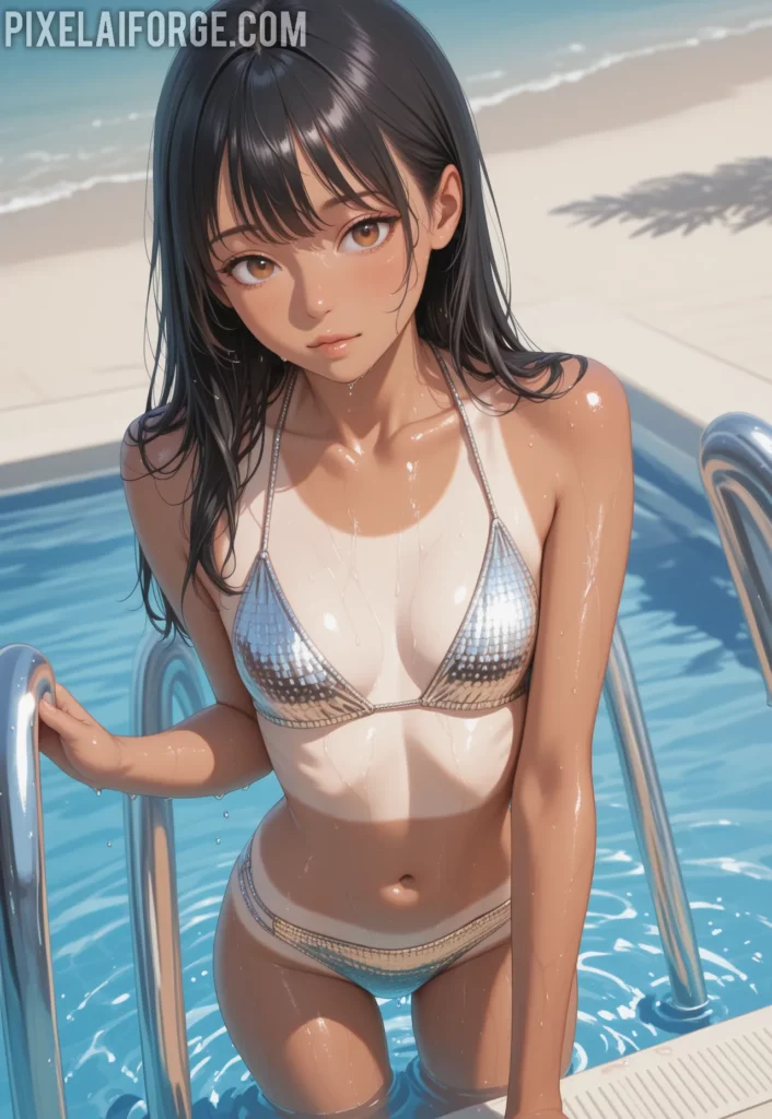 Guapa chica anime en su visita a la piscina: diversión y frescura al estilo japonés
