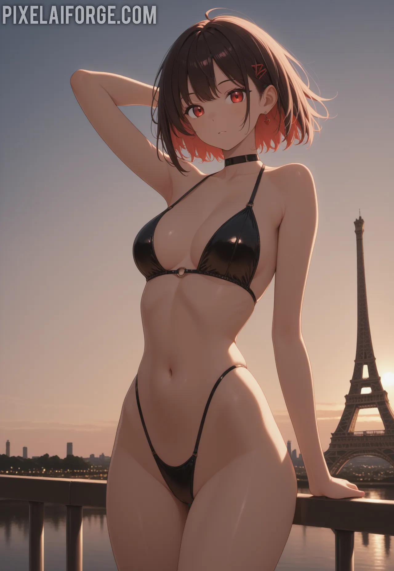 Guapa chica anime modelo posando frente a la Torre Eiffel: un encuentro entre moda y anime en la ciudad del amor