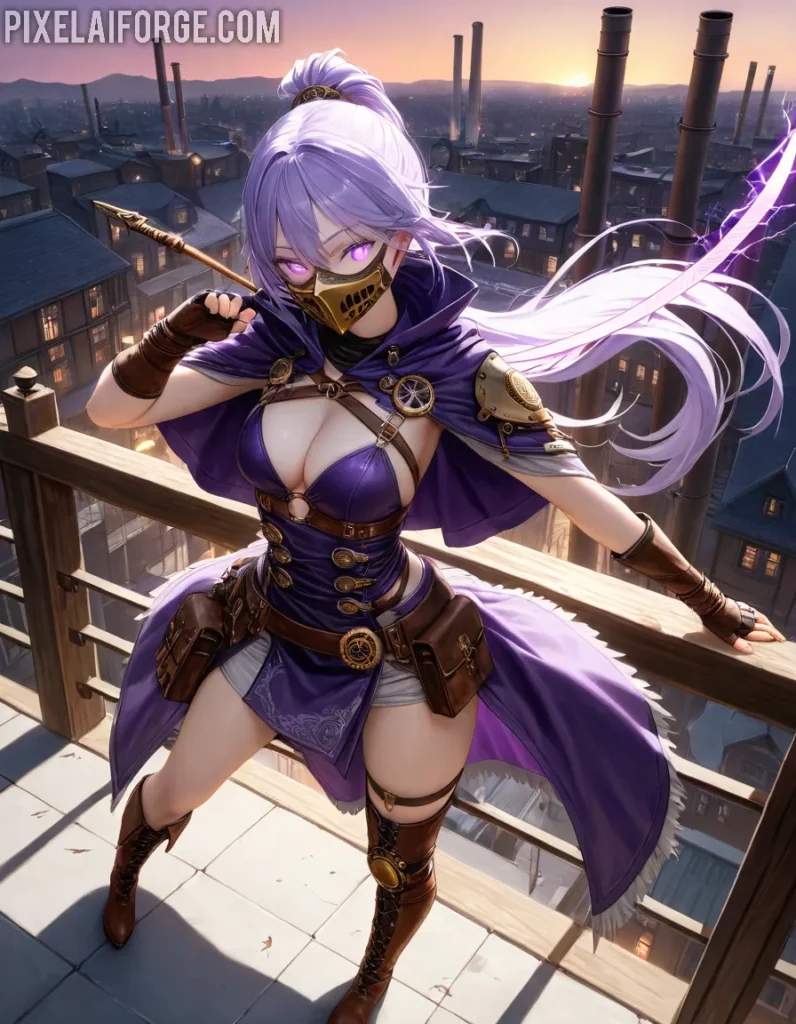 Guerrera Steampunk Anime con Poderes Eléctricos Arte Impresionante