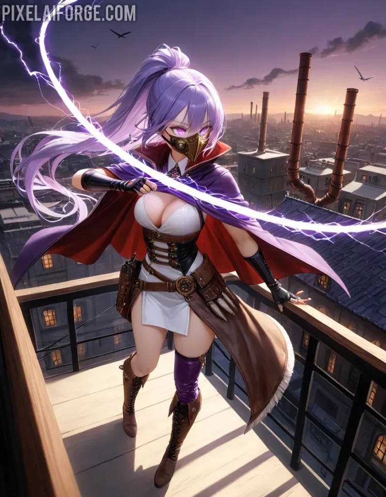 Guerrera Steampunk Anime con Poderes Eléctricos Arte Impresionante