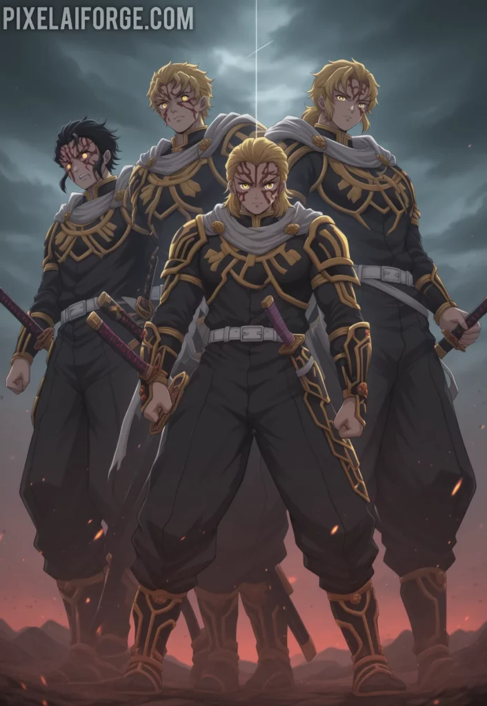 Hashira warriors standing together before the final battle against Muzan, swords drawn, determined expressions, stormy sky background, epic anime scene from Demon Slayer