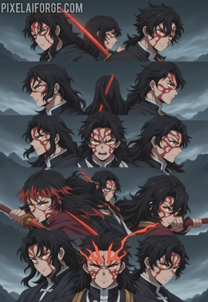 Hashira warriors standing together before the final battle against Muzan, swords drawn, determined expressions, stormy sky background, epic anime scene from Demon Slayer