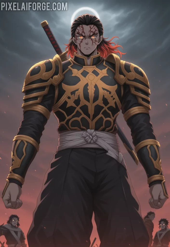 Hashira warriors standing together before the final battle against Muzan, swords drawn, determined expressions, stormy sky background, epic anime scene from Demon Slayer