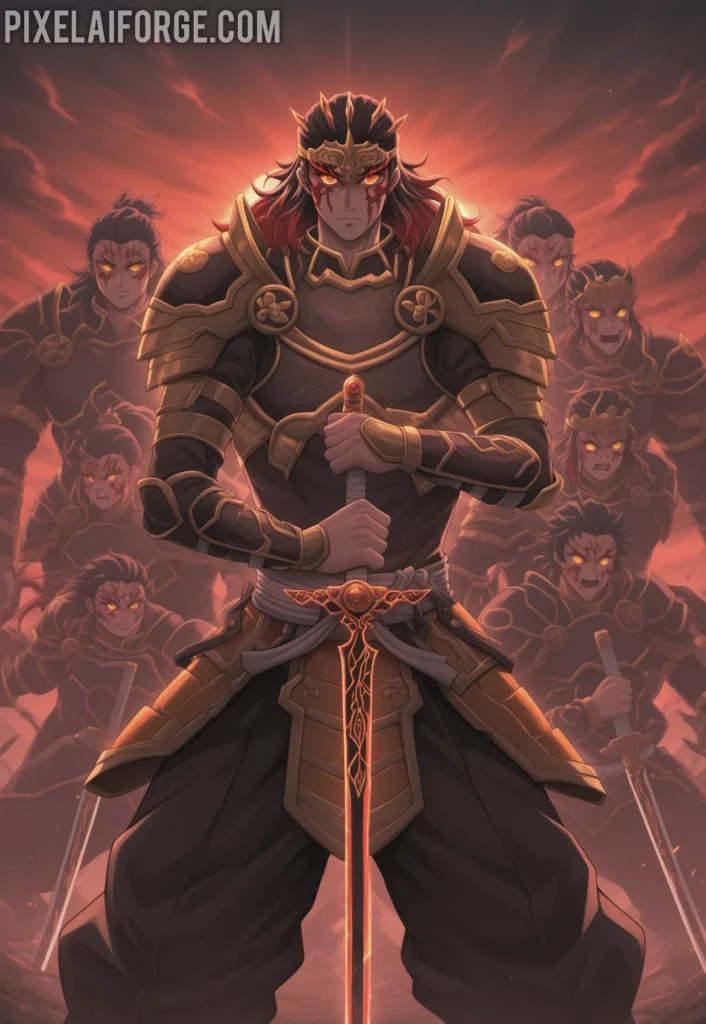 Hashira warriors standing together before the final battle against Muzan, swords drawn, determined expressions, stormy sky background, epic anime scene from Demon Slayer