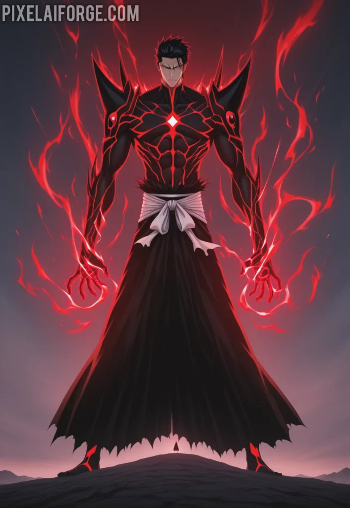 Ichigo Kurosaki in his final Getsuga Tensho form, glowing black and red spiritual energy, Zangetsu in hand, standing against Aizen Sousuke in the sky, dramatic lighting, epic anime scene from Bleach