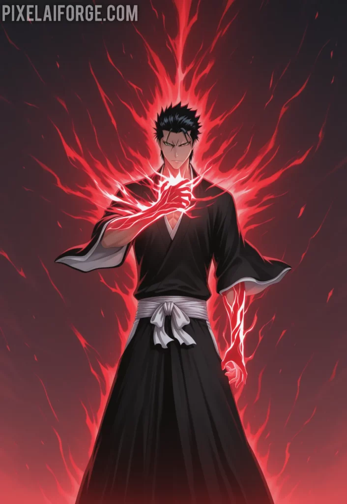 Ichigo Kurosaki in his final Getsuga Tensho form, glowing black and red spiritual energy, Zangetsu in hand, standing against Aizen Sousuke in the sky, dramatic lighting, epic anime scene from Bleach