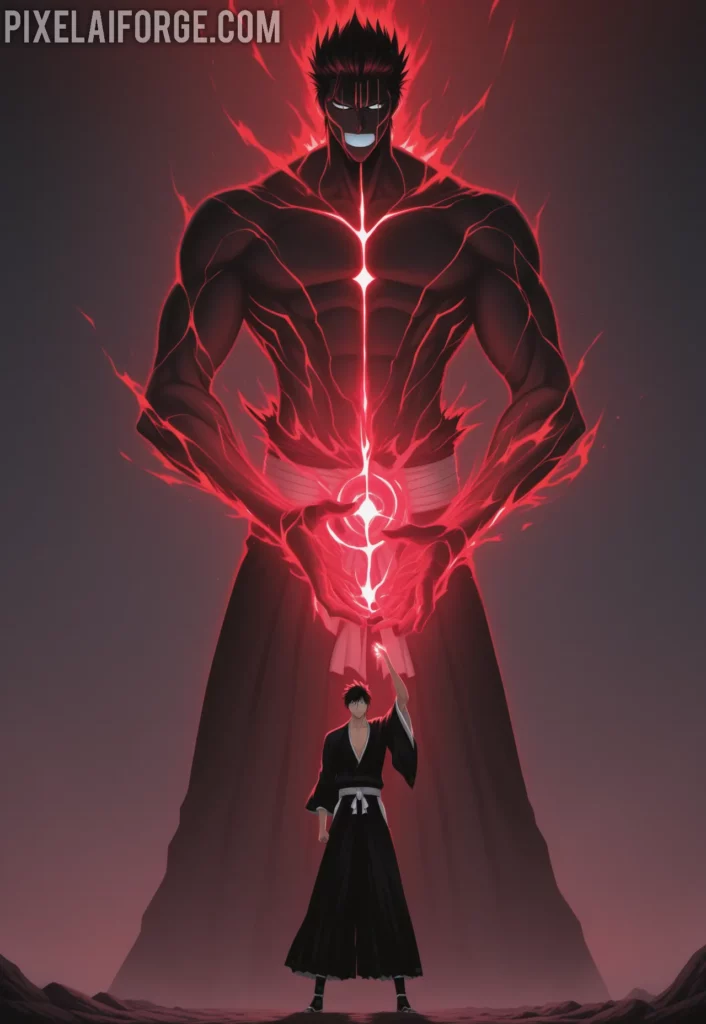 Ichigo Kurosaki in his final Getsuga Tensho form, glowing black and red spiritual energy, Zangetsu in hand, standing against Aizen Sousuke in the sky, dramatic lighting, epic anime scene from Bleach