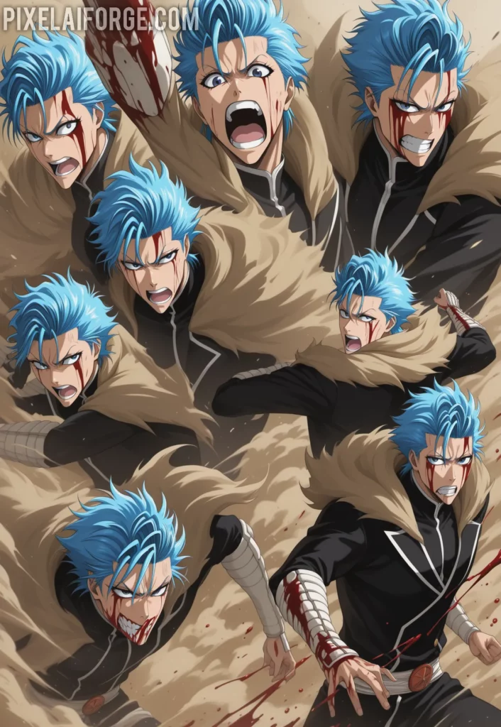 Ichigo and Grimmjow fighting at high speed in Hueco Mundo, sandstorm effect, blood splatter, intense expressions, dynamic action anime scene from Bleach