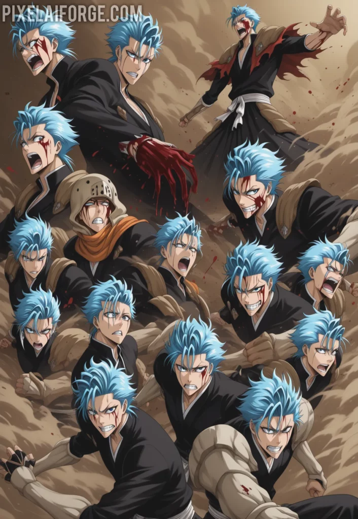 Ichigo and Grimmjow fighting at high speed in Hueco Mundo, sandstorm effect, blood splatter, intense expressions, dynamic action anime scene from Bleach