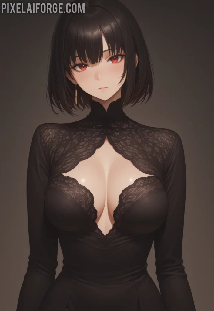 La belleza de una guapa chica anime morena en vestido negro