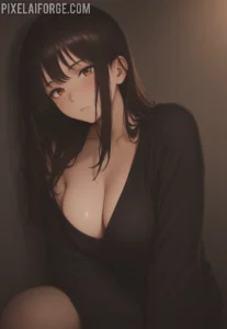 La belleza de una guapa chica anime morena en vestido negro