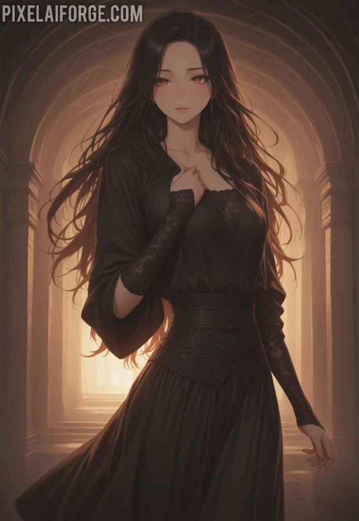 La belleza de una guapa chica anime morena en vestido negro
