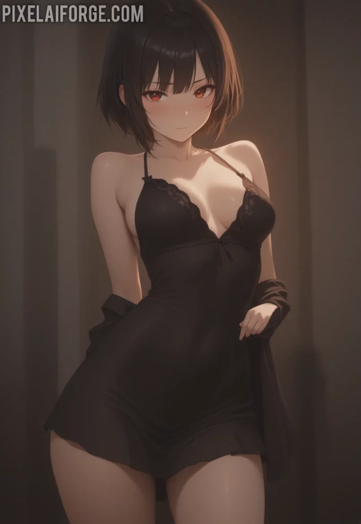 La belleza de una guapa chica anime morena en vestido negro