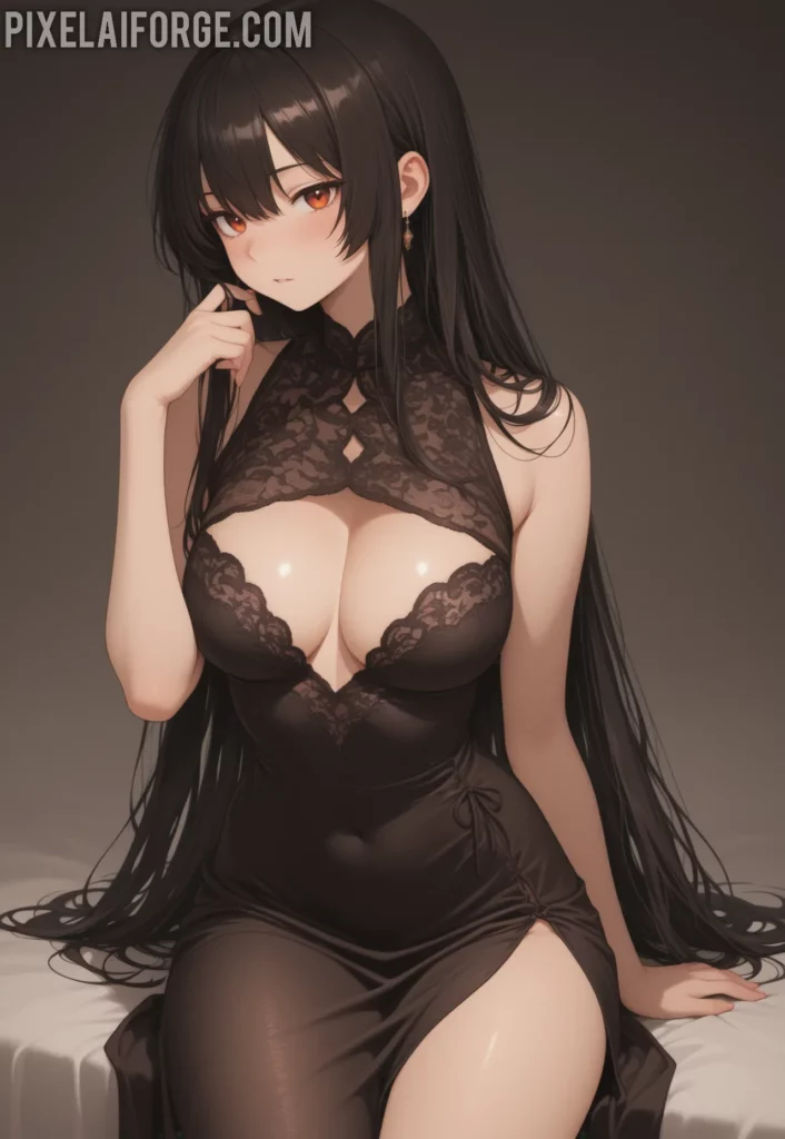 La belleza de una guapa chica anime morena en vestido negro