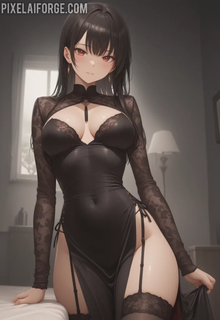 La belleza de una guapa chica anime morena en vestido negro