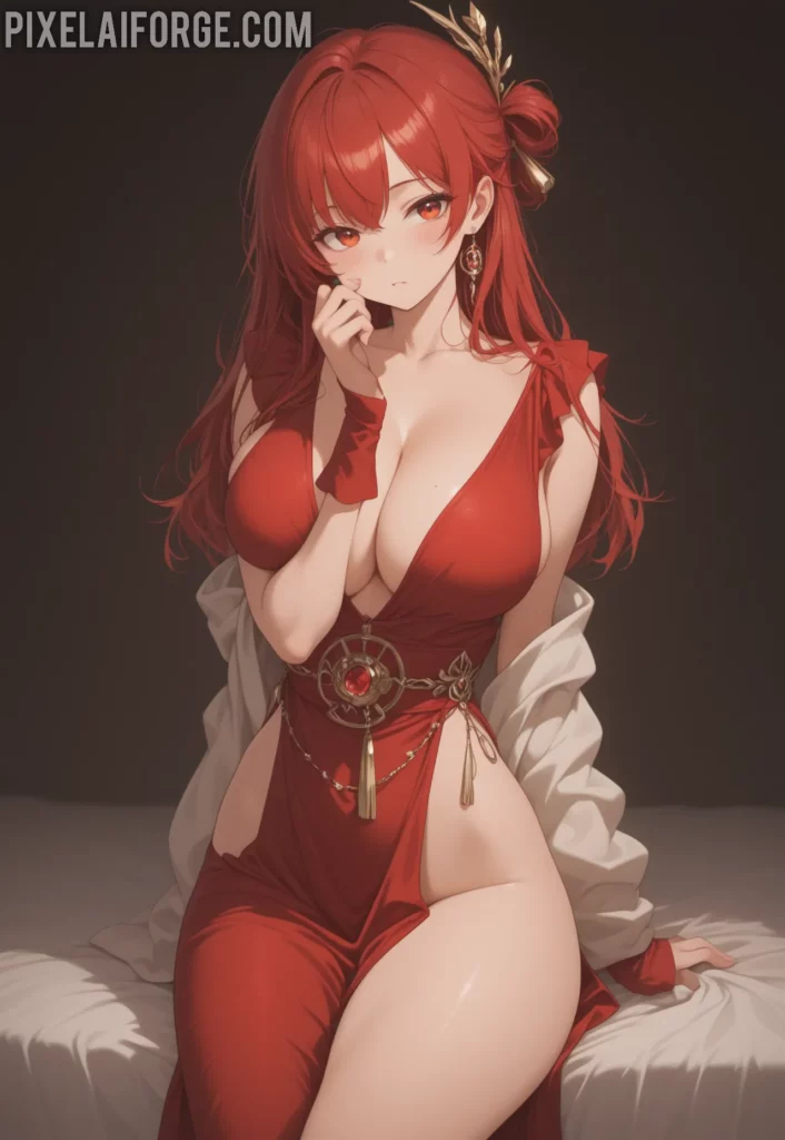 La magia de una guapa chica anime pelirroja en vestido rojo