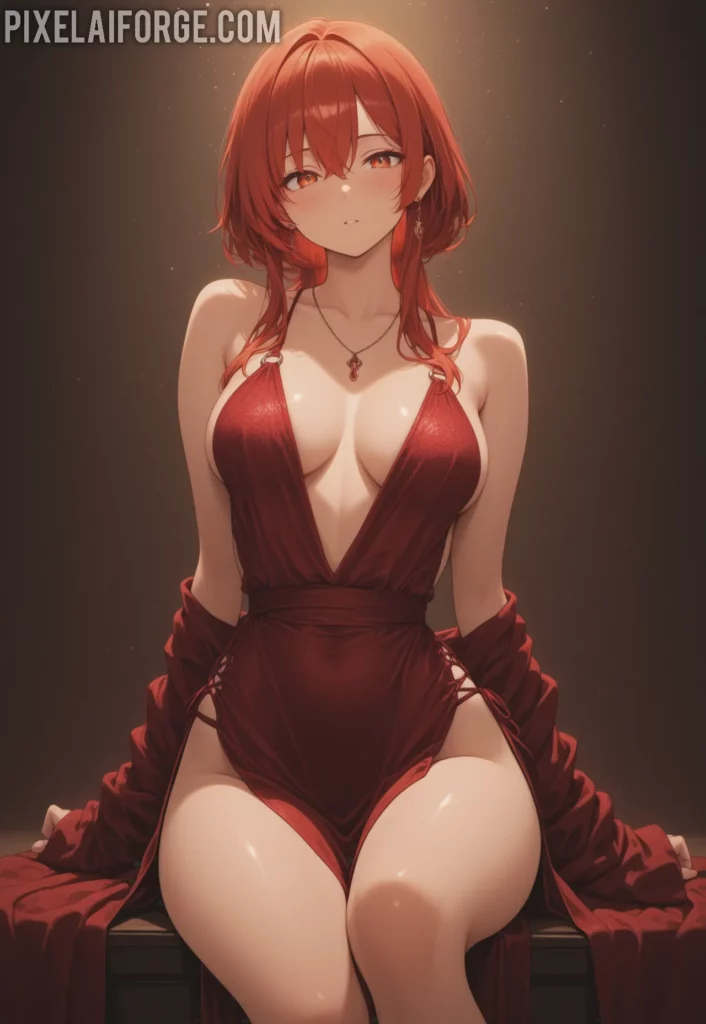 La magia de una guapa chica anime pelirroja en vestido rojo