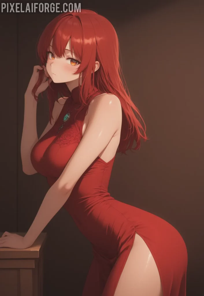 La magia de una guapa chica anime pelirroja en vestido rojo
