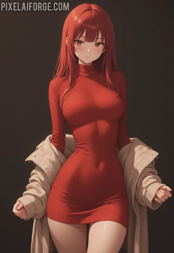 La magia de una guapa chica anime pelirroja en vestido rojo