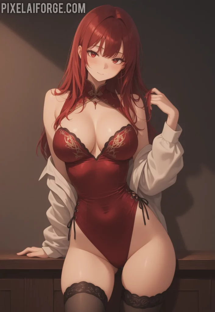 La magia de una guapa chica anime pelirroja en vestido rojo