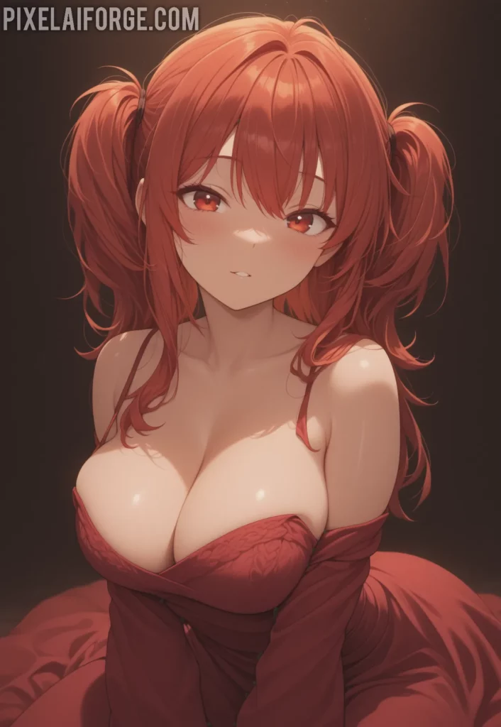 La magia de una guapa chica anime pelirroja en vestido rojo