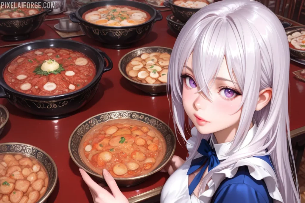 Una mesa llena de platos legendarios de Shokugeki no Soma admirada por sus chefs más destacados