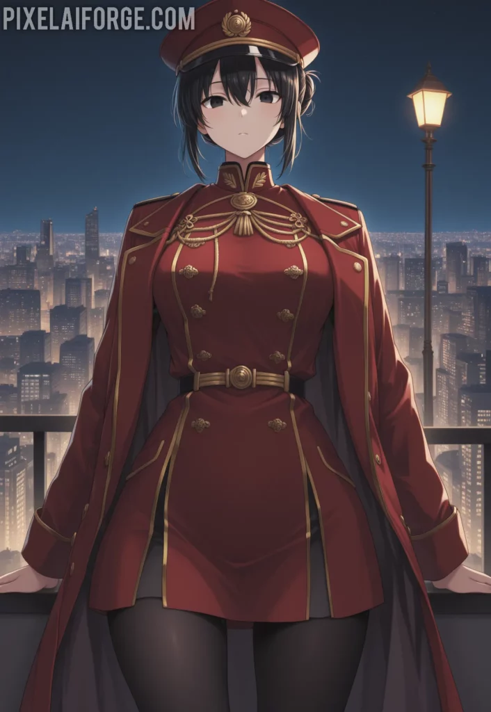 Misato Katsuragi con uniforme militar rojo ilustración anime