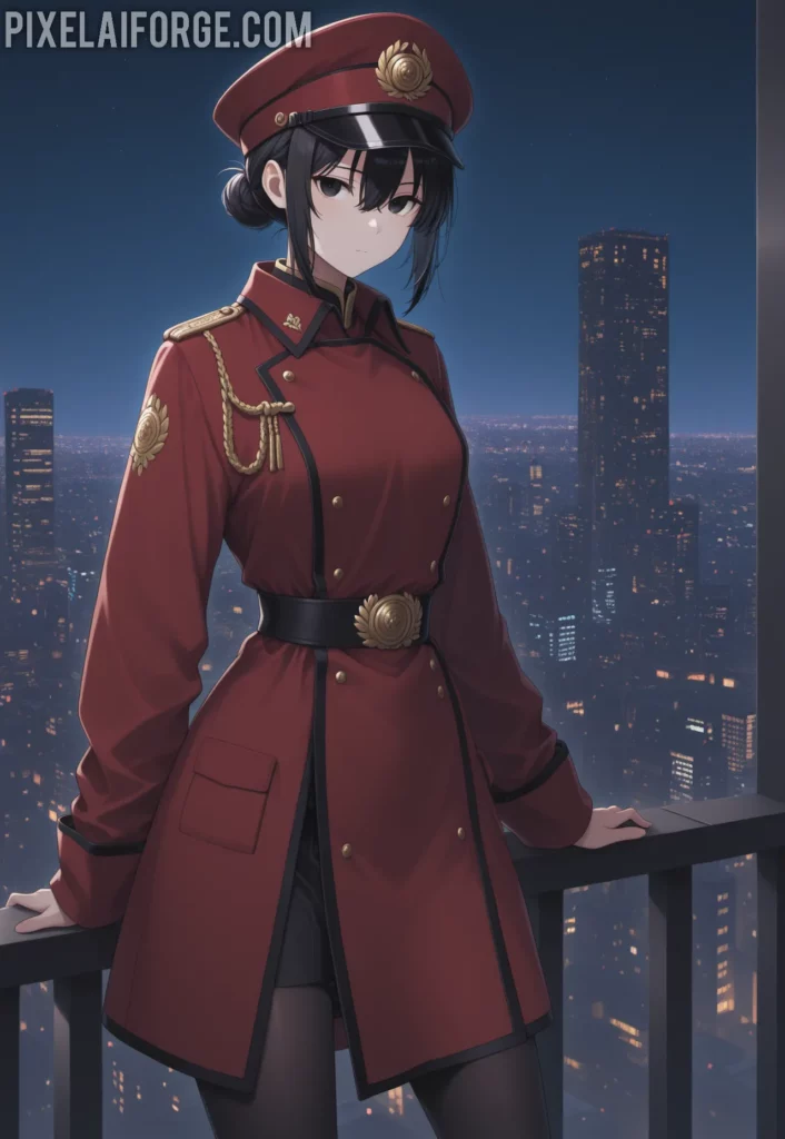 Misato Katsuragi con uniforme militar rojo ilustración anime
