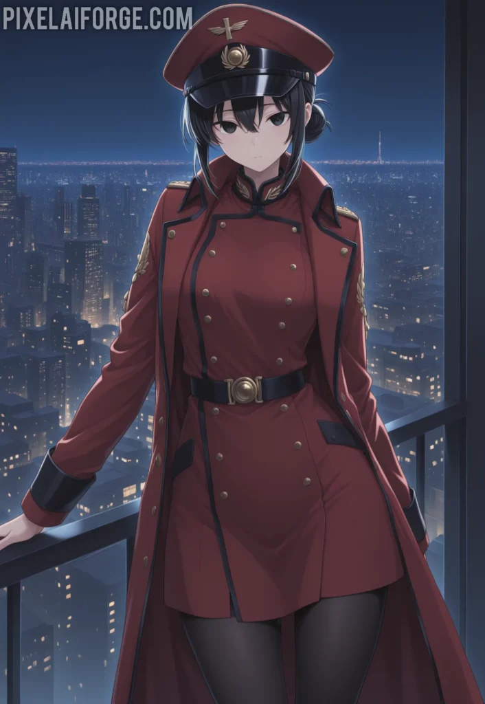 Misato Katsuragi con uniforme militar rojo ilustración anime