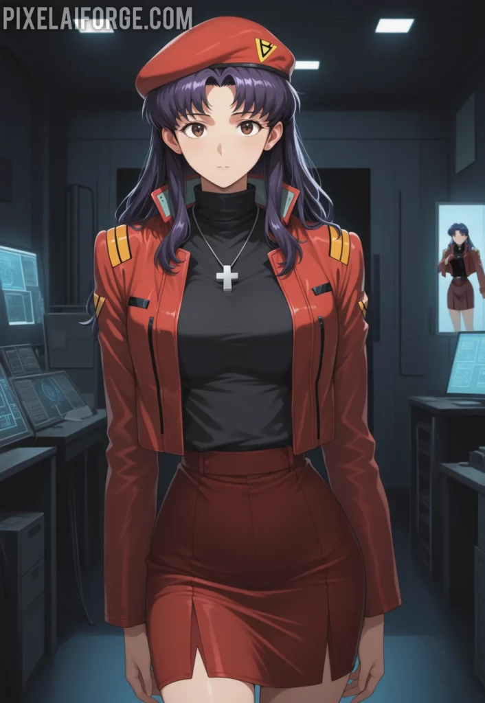 Misato Katsuragi con uniforme y boina roja pose elegante estilo anime