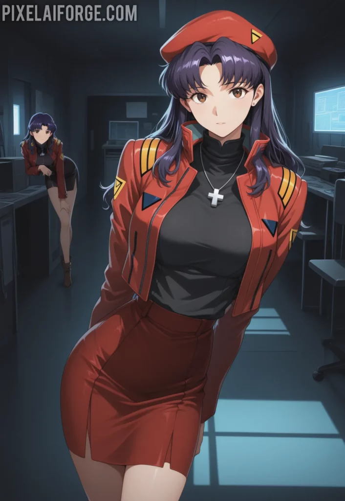 Misato Katsuragi con uniforme y boina roja pose elegante estilo anime
