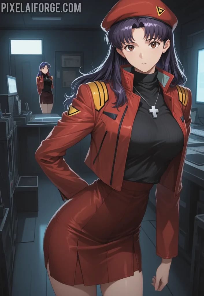 Misato Katsuragi con uniforme y boina roja pose elegante estilo anime
