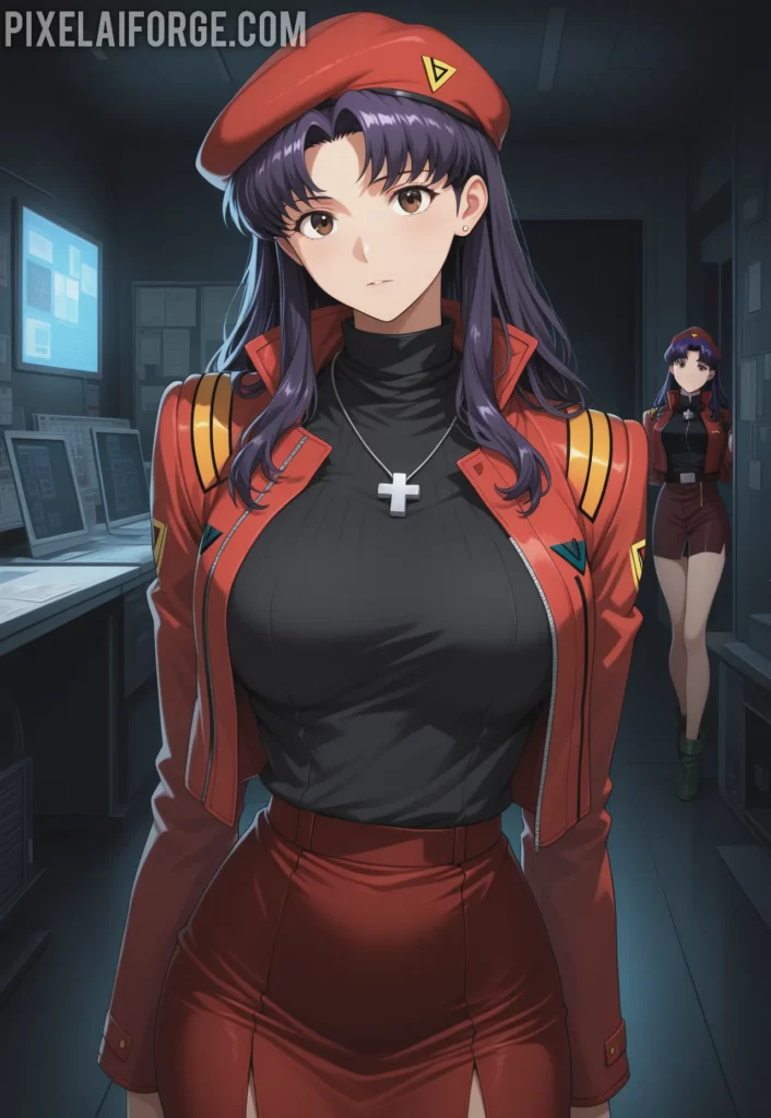 Misato Katsuragi con uniforme y boina roja pose elegante estilo anime