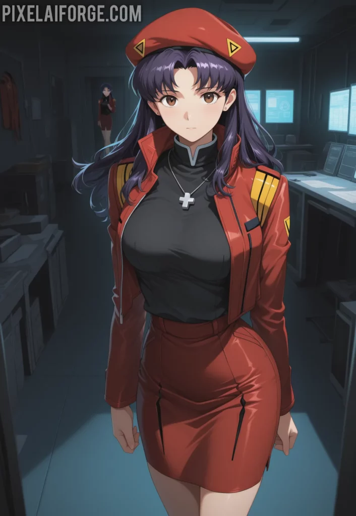 Misato Katsuragi con uniforme y boina roja pose elegante estilo anime