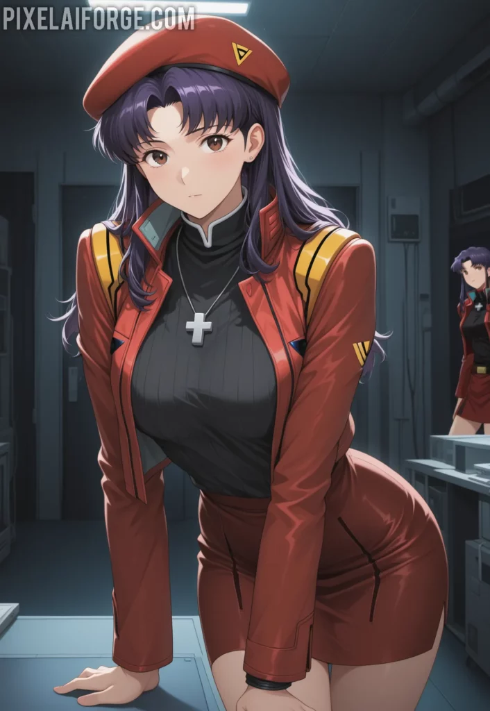Misato Katsuragi con uniforme y boina roja pose elegante estilo anime