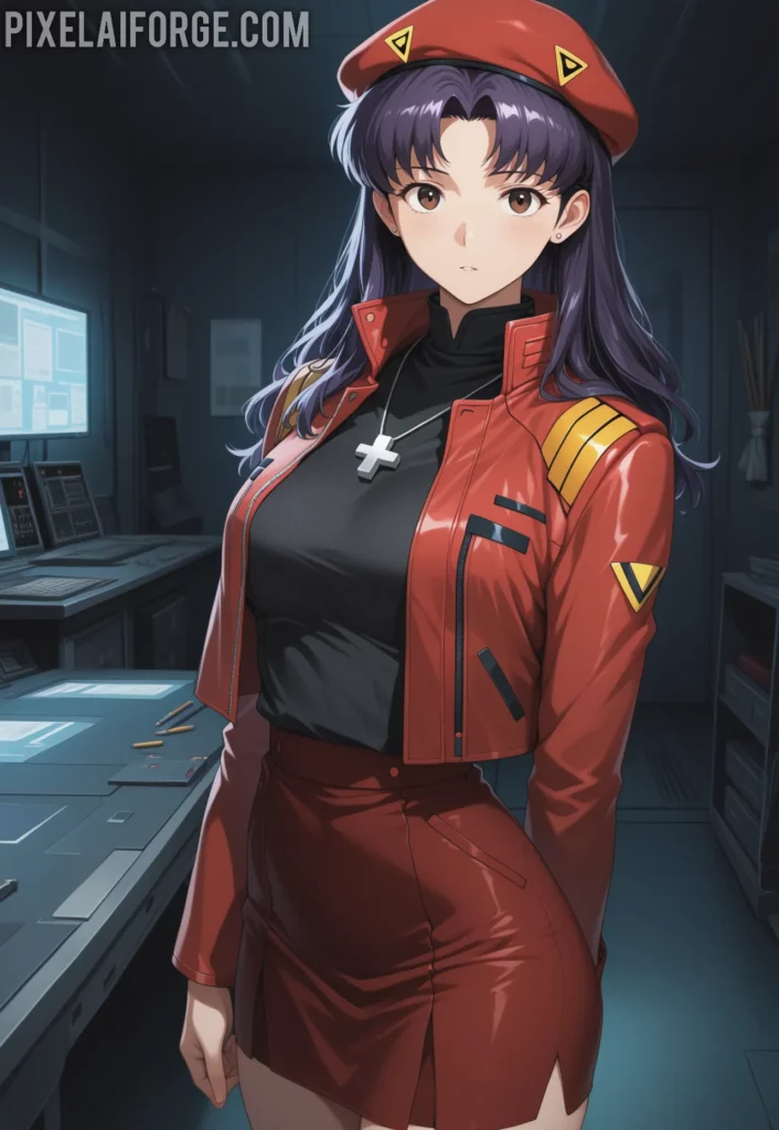 Misato Katsuragi con uniforme y boina roja pose elegante estilo anime