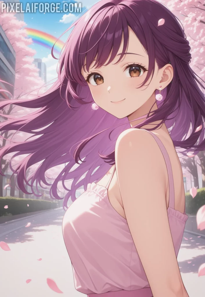 Misato Katsuragi en paisaje de flores de cerezo estilo Kawalli