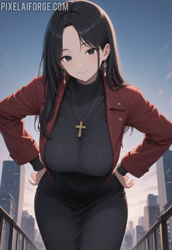 Misato Katsuragi posando elegante en una terrasa en arte digital anime