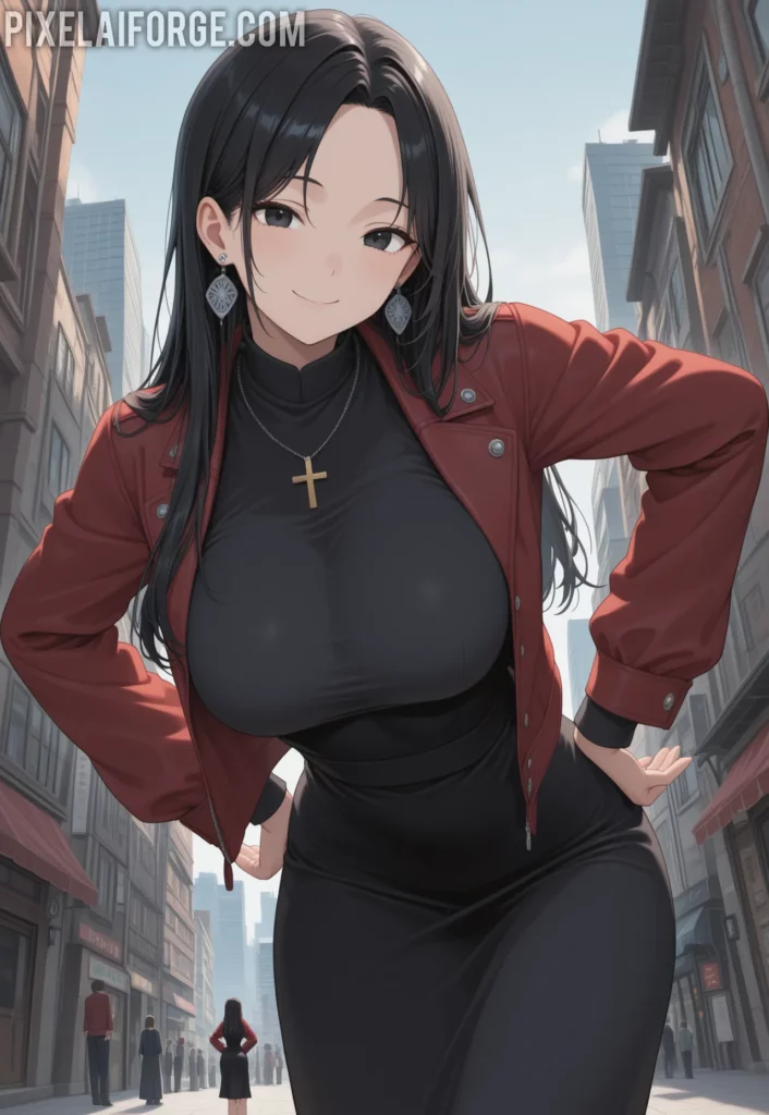 Misato Katsuragi posando elegante en una terrasa en arte digital anime