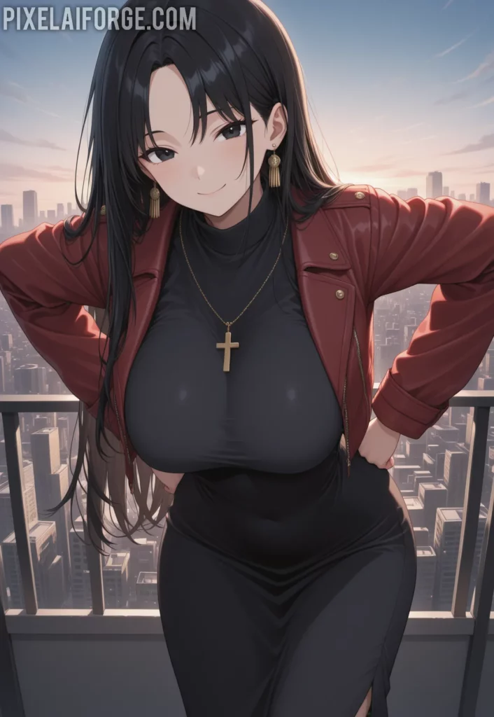Misato Katsuragi posando elegante en una terrasa en arte digital anime