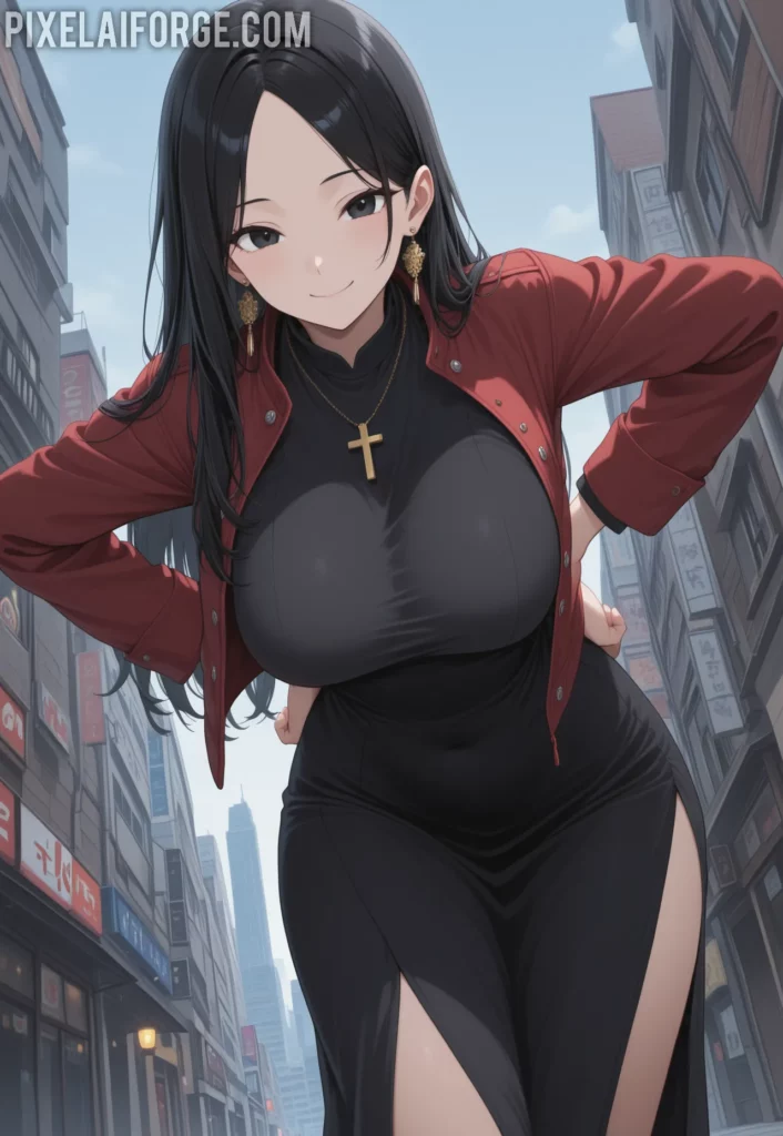 Misato Katsuragi posando elegante en una terrasa en arte digital anime