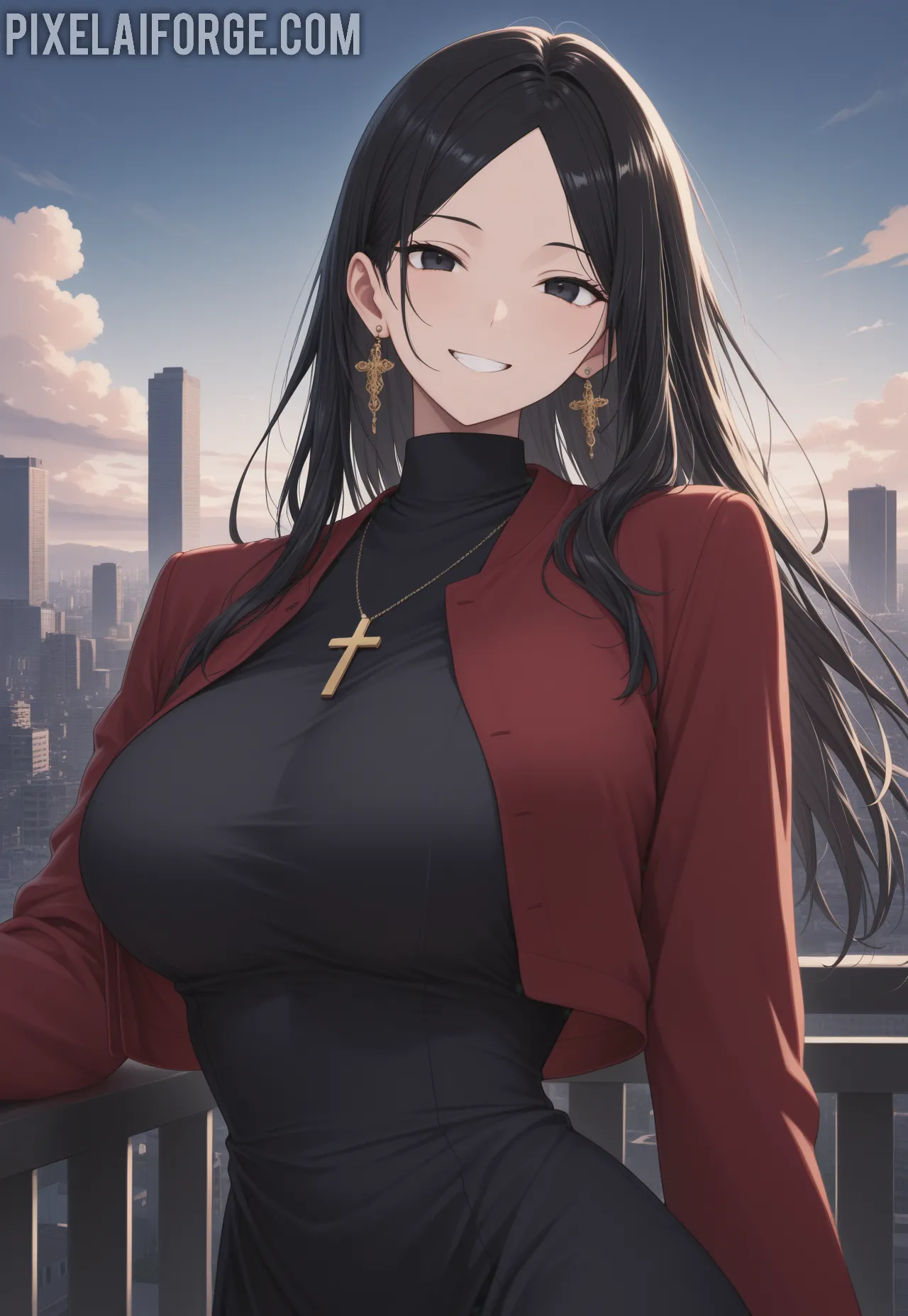 Misato Katsuragi posando en entorno urbano arte digital anime