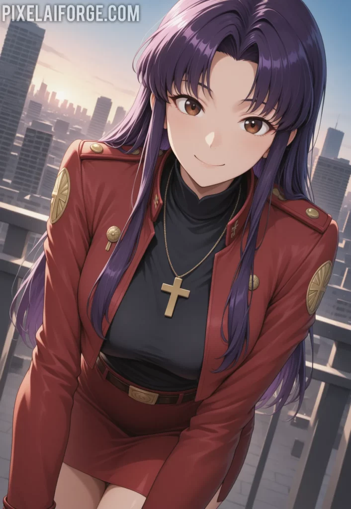 Misato Katsuragi posando elegante en una terrasa en arte digital anime