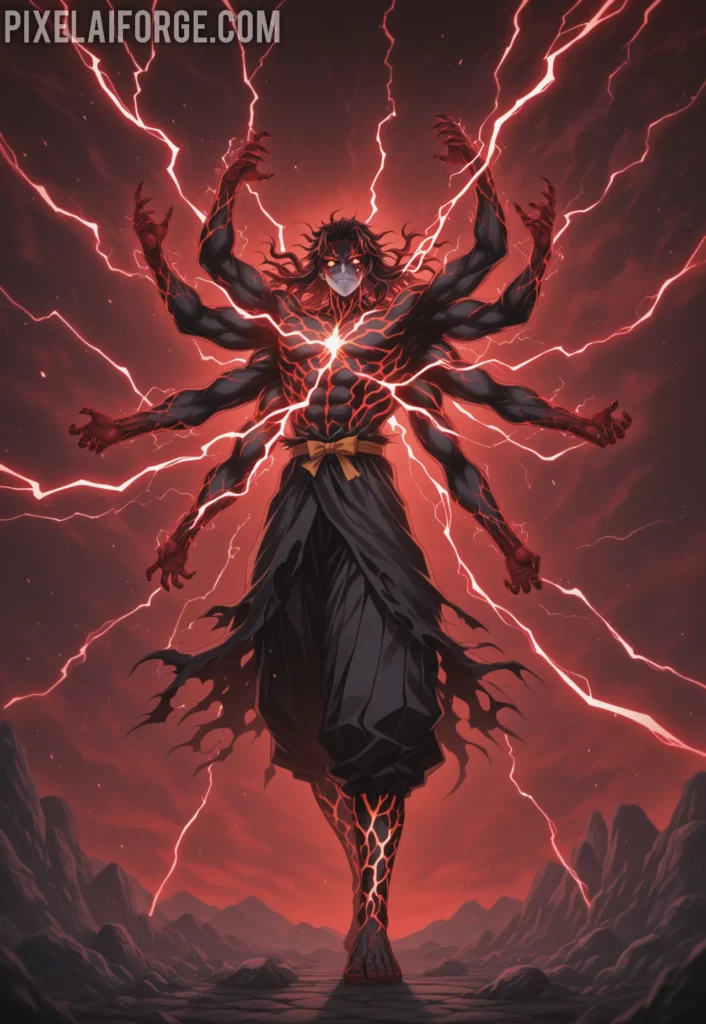 Muzan Kibutsuji in his final monstrous form, multiple arms and eyes glowing, blood mist around him, dramatic lightning effects, villainous anime art style from Demon Slayer