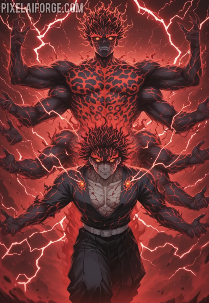Muzan Kibutsuji in his final monstrous form, multiple arms and eyes glowing, blood mist around him, dramatic lightning effects, villainous anime art style from Demon Slayer